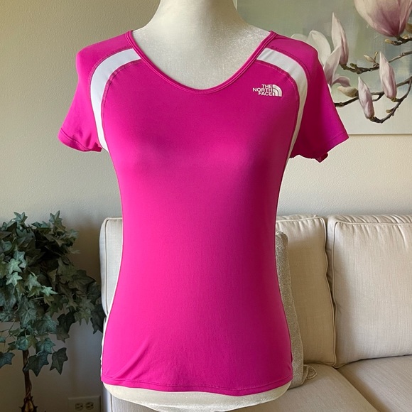 The North Face Tops - Barbie Pink The North Face Pink White Cap Sleeve Vapor Wick Tee Shirt